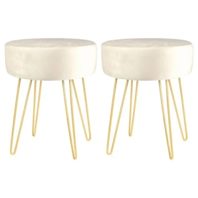 Image of Harbour Housewares 2x Cream/Gold H40 x D35cm Round Velvet Footstools Small Living Room Dressing Table Footstool Ottoman Pouffe Chair Seat
