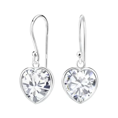 Image of The Goldmine Genuine 925 Sterling Silver dangly Heart Hook Earrings with Clear CZ April Birthstone
