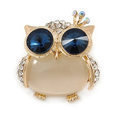 Image of Avalaya Gold Plated Clear/Blue Crystal with Cat Eye Stone Owl Brooch 35mm L