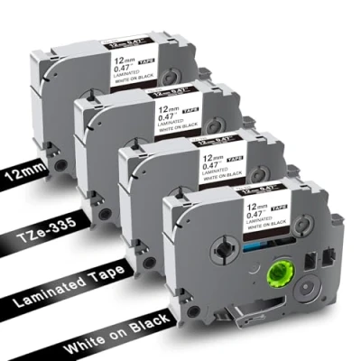 Image of UNOKA Compatible for Brother Ptouch White on Black Tape Replacement Label Printer TZe 12mm 0.47 335 with PT H110 H107B H100LB D400 H105 1000 1010 E100, 4 Pack