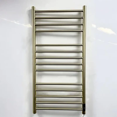 Image of Manissa Siena Brushed Brass Stainless Steel Electric Heated Towel Rail 500mm W x 1000mm H Energy Efficient Radiator