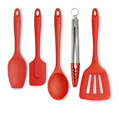 Image of Zeal JSET45R Non Stick Silicone Tongs, Turner, Spatula Cook Spoon 5 Piece Set Red