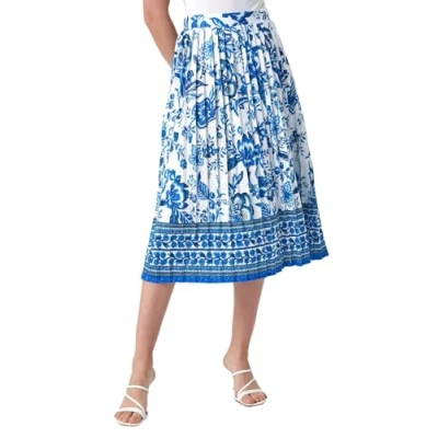 Image of Roman Originals Pleated Skirt for Women UK Ladies Maxi Midi Crinkle Summer Smart Casual Evening Special Occasion Elasticated Waistband Party Holiday Long Crepe Blue &amp; White Size 14