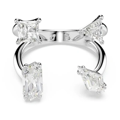 Image of Swarovski Open Band Ring, Mixed Cut with Silver Tone Finish, White Four Crystals, from the Mesmera Collection, Size 55