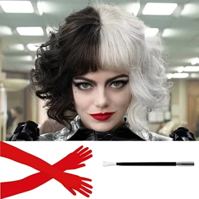 Image of ATAYOU Short Black White Wig with Long Red Gloves and Holder, Women Half Halloween Costume (Black white)