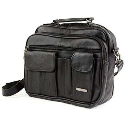 Image of Ladies Mens Real Leather Travel Flight Shoulder Cross Body Organiser Handbag Bag (Black)