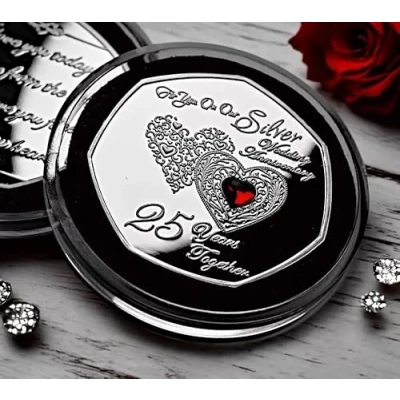 Image of The Commemorative Coin Company ON OUR 25th SILVER WEDDING ANNIVERSARY Commemorative. Diamante Gemstone. Capsule. Gift/Present. 25 Years Together Gift for Wife/Husband