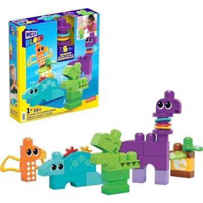 Image of MEGA BLOKS Fisher Price Sensory Building Toy, Squeak n Chomp Dinos with 24 Pieces, T Rex, Toddler Blocks Gift Ideas for Kids Age 1+ Years, HKN43