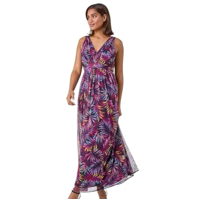 Image of Roman Originals Maxi Dress for Women UK Ladies Twist Knot Front Floral Summer Party Casual Holiday Bohemian Boho Beach Evening Long Floor Length Sleeveless V Neck Purple Multi Size 12