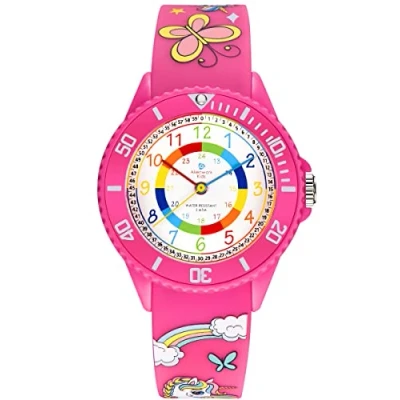 Image of Alienwork Unicorn Girl Children&#039;s Teacher Watch Girls Rose Silicone Strap Multi Coloured Kid Waterproof 5 ATM Learning Time