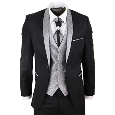 Image of Mens 4 Piece Wedding Suit Groom Shawl Collar Vintage Black Silver Cravat Tailor