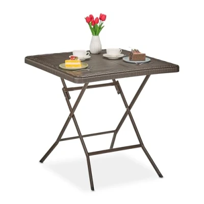 Image of Relaxdays Garden Table Wood Look, Square, HxWxD: 74 x 78 cm, Balcony, Plastic, Metal, Outdoor, Camping, Brown