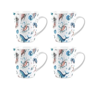 Image of Purely Home Sea Life Latte Mugs Set Ocean Themed Whales Seashells Jellyfish Ceramic Cups of 4 Tea/Coffee Present Gift