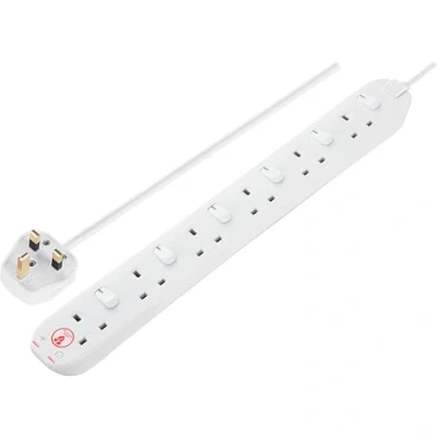 Image of Masterplug Six Socket Power Surge Protected Extension Lead with Individual Switches, 2 Metres, 46 x 5.5 3 cm, White