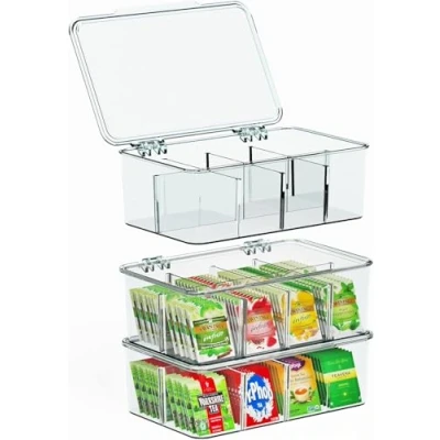 Image of KICHLY Plastic Tea Box Organizer Bag Holder With Lid 8 Compartments for Kitchen Countertops, Cabinets, Pantry (Pack of 6)