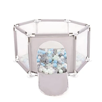 Image of Selonis Hexagon 6 Side Play Pen with 100 Balls, Grey:Pearl/Grey/Transparent/Babyblue/Mint