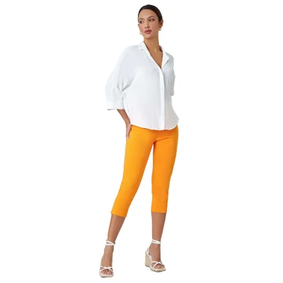 Image of Roman Originals Women Bengaline Cropped Trousers Ladies Stretch Pants Legging 3/4 Smart Summer Shorts Casual Office Interview Work Going Out Party Formal Event Mango Size 10