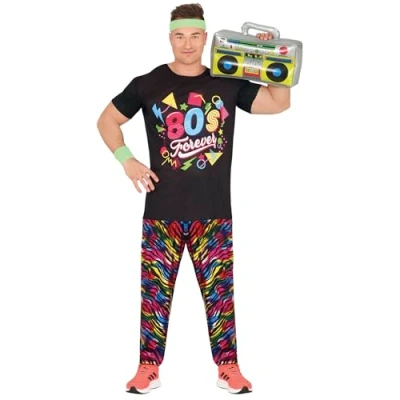 Image of FIESTAS GUIRCA 80s Forever Outfit Mens Fancy Dress Costume Colourful Shirt and Shiny Metallic Pants Rainbow Men Size M 38 40