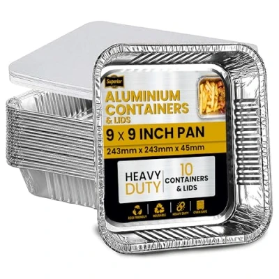 Image of Superior 10 Pack Aluminium Foil Trays with Paper Lids, Heavy Duty Takeaway Containers, Freezer &amp; Oven Safe Tin For Baking, Cooking, Broiling, Storage 9 x inch