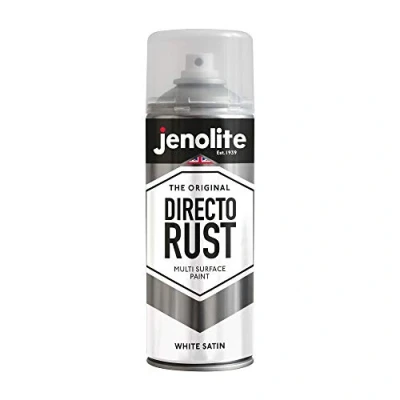 Image of JENOLITE Directorust Spray Paint Satin Finish WHITE 400ml Direct To Rust for Metal All In One Multi Surface Metal, Wood, Plastic, Ceramic RAL 9016