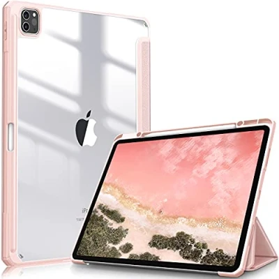 Image of FINTIE Hybrid Case Compatible with iPad Pro 12.9 inch (2022/2021/2020/2018, 6th/5th/4th/3rd Generation) Shockproof Clear Back Cover Pencil Holder, Auto Wake/Sleep, Rose Gold