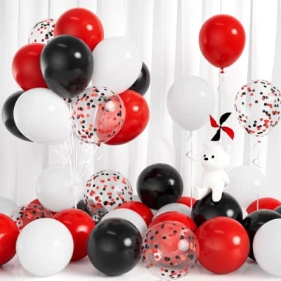 Image of Red Black Balloons, 30Pcs Matte White Balloons 12 Inch Confetti Balloon with Ribbons for Boys Men Casino Poker Las Vegas Racing Theme Graduation Baby Shower Birthday Party Decor