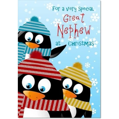 Image of doodlecards Great Nephew Christmas Card Three Penquins Medium Size with Plain Envelope