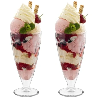 Image of HEFTMAN Ice Cream Sundae Glasses Set of 2 Tall 350ml Milkshake with Classic, Clear Design Retro American Diner Style Knickerbocker Glory Glasses, Dishwasher Safe Dessert (2 Pack)