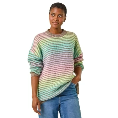 Image of Roman Originals Fluffy Yarn Jumper for Women UK Ladies Thick Sweater Warm Cosy Chunky Knitted Pullover Winter Furry Casual Smart Textured Everyday Cuddly Comfy Soft Knitwear Green Multi Size 14