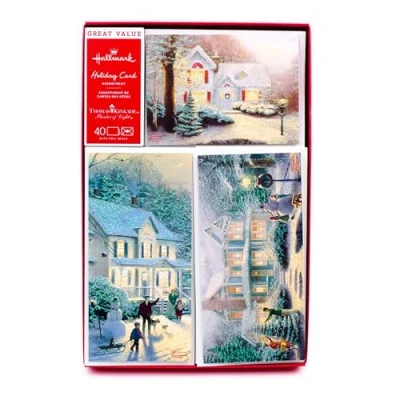 Image of Hallmark Thomas Kinkade Boxed Christmas Cards Assortment, Snowy Houses (40 with Envelopes and Foil Seals)