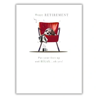 Image of Retirement Congratulations Card Happy Humorous Sleeping Dog Design Special Finishes Made in the UK Eco Friendly