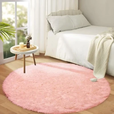 Image of Hafaa Round Rugs Living Room Fluffy Shaggy Pink Area for Bedroom 120x120cm Anti Slip Modern Super Soft Thick Pile Plush Carpet Non Shedding Easy To Clean Rug