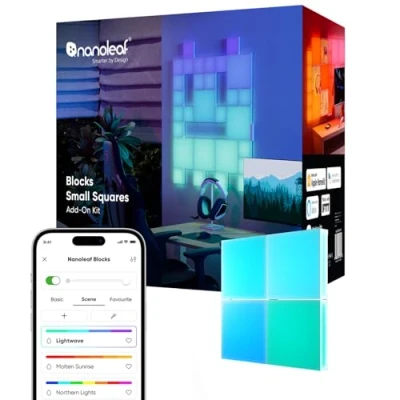 Image of Nanoleaf Blocks Expansion Kit 4 Mini Squares (Requires Starter Kit), RGBW Color Changing Panels, Adjustable Colour Temperature 1200K 6500K, Soft Lighting Cozy Ambiance (11.6 x 11.6 cm Each)