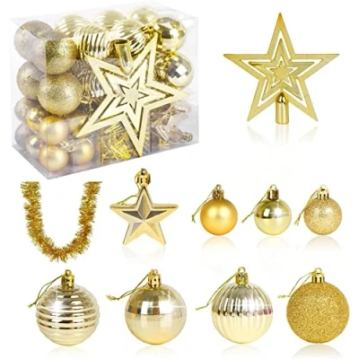 Image of VEYLIN Christmas Tree Decorations Set of 40 Gold Baubles Hanging Ball Tinsel Garland Star Topper Ornaments