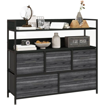 Image of HOMCOM Bedroom Chest of Drawers, Fabric Dresser with 5 Storage Organiser Unit Open Shelves and Metal Frame for Living Room, Entryway, Black