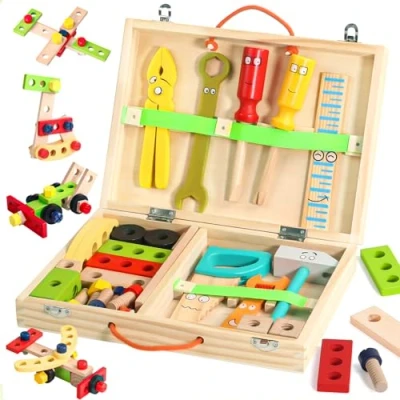 Image of Wooden Toys Kids Tool Set Box Kit Construction Role Play Educational Toddler for 3 4 5 Year Olds Girls Boys Gifts,Children Woodworking Tools Pretend Kits
