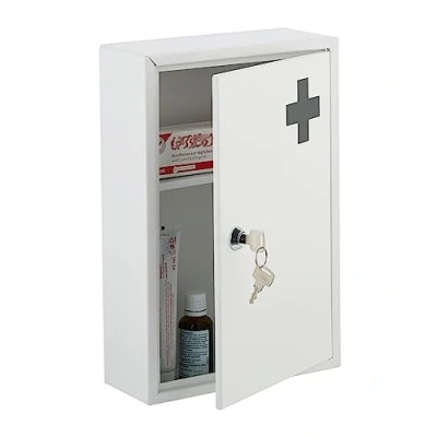 Image of Relaxdays Medicine Cabinet, Lockable, 2 Compartments, HxWxD: 32 x 21.5 8 cm, Wall Mounted, First Aid, Metal, White, Iron