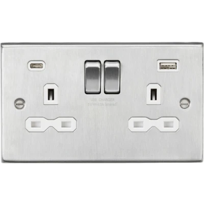Image of KnightsBridge 13A 2G SP Raised Square Edge Switched Socket with Dual USB A+C Brushed Chrome, White Insert