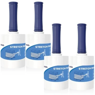 Image of ADHES Mini Stretch Wrap Film with Handle Clear Shrink 13cm x 304m 4 Roll 80 Gauge Industrial Strength for Packing, Pallet Wrap, Furniture Wrapping Moving &amp; Protection