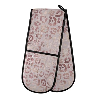 Image of Double Oven Glove Mitts Heat Resistant Pot Holders for Home Kitchen Cooking Baking Outdoor BBQ (Rose Gold Leopard)