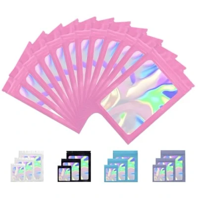 Image of Rimiko 100pcs Pink Ziplock Mylar Bags with Clear Window, Aluminum Foil Sample Bags, Resealable Holographic Self Sealing Pouches for Packaging and Food Storage (Holographic Pink, 4.1&quot;x5.9&quot;)