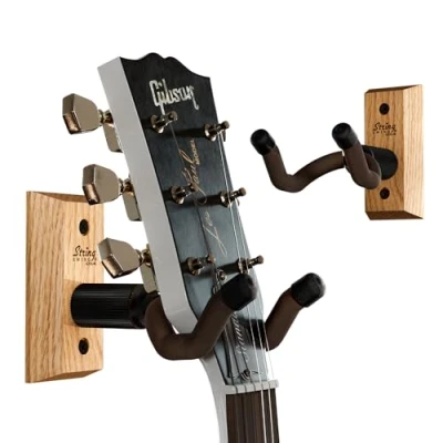 Image of String Swing Guitar Hanger Holder for Electric Acoustic and Bass Guitars Stand Accessories Home or Studio Wall Musical Instruments Safe Without Hard Cases Oak Hardwood CC01K O 2 Pack
