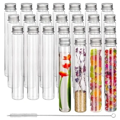 Image of Kurtzy 25 Pack Clear Plastic Test Tubes with Screw Caps &amp; Brush 110ml Reusable for Storage, Tube Shots, Candy, Bath Salts Beads