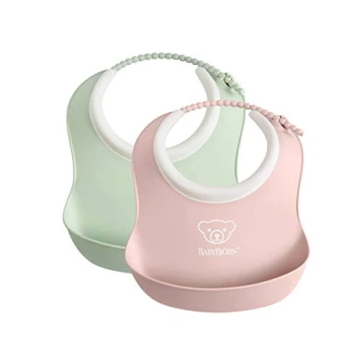 Image of BabyBjörn Small Baby Bib, 2 pack, Powder green/Powder pink
