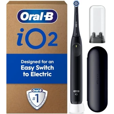 Image of Oral B iO2 Night Black Electric Toothbrush, 1 Toothbrush Head, Travel Case, Refill Holder, Designed by Braun
