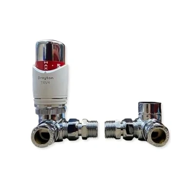 Image of Corner Angled Thermostatic Towel Rail Radiator Valve Pack Complete with Drayton TRV4 Head, TC Body &amp; Lockshield