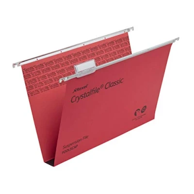 Image of Rexel Foolscap Suspension Files with Tabs and Inserts for Filing Cabinets, 30 mm base, 100 Percent Recycled Manilla, Red, Crystalfile Classic, Pack of 50, 70622