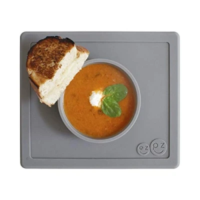 Image of ezpz Happy Bowl (Gray) 100% Silicone Suction with Built in Placemat for Toddlers + Preschoolers Dishwasher Safe