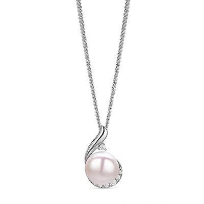 Image of OROVI Real White Pearl Cubic Zirconia Pendant Sterling Silver Necklace Chain (Jewellery Set)