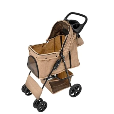 Image of Pet Stroller Pushchair &amp; Caddy Bag Organiser Detachable Navy Blue Foldable Carrier 15kg Capacity Wheels Brakes Dog Hook Leash Canopy Mesh Windows Basket Cup Holders Pockets Waterproof Rain Cover